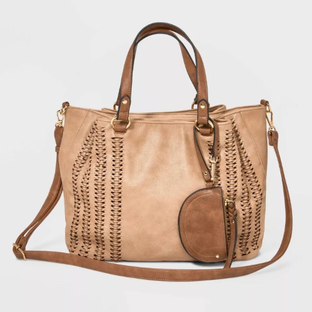Vegan Leather Woven-Detail Triple Entry Satchel Handbag